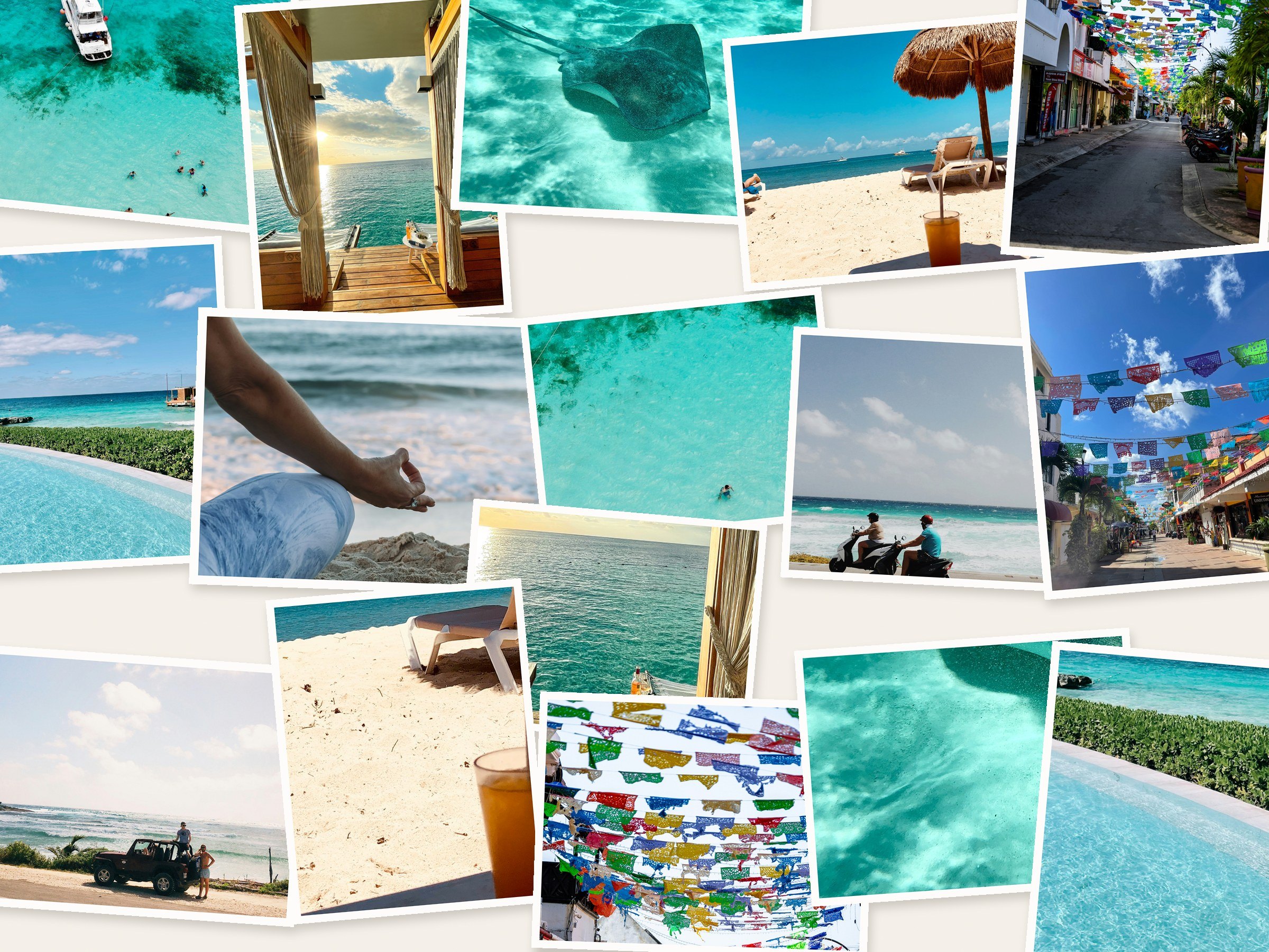 Collage of Cozumel: sunrise meditation on the beach, the reef from the air, a stingray in the shallows, papel picado over San Miguel, scooters on the coast road, and palapas at the water’s edge.