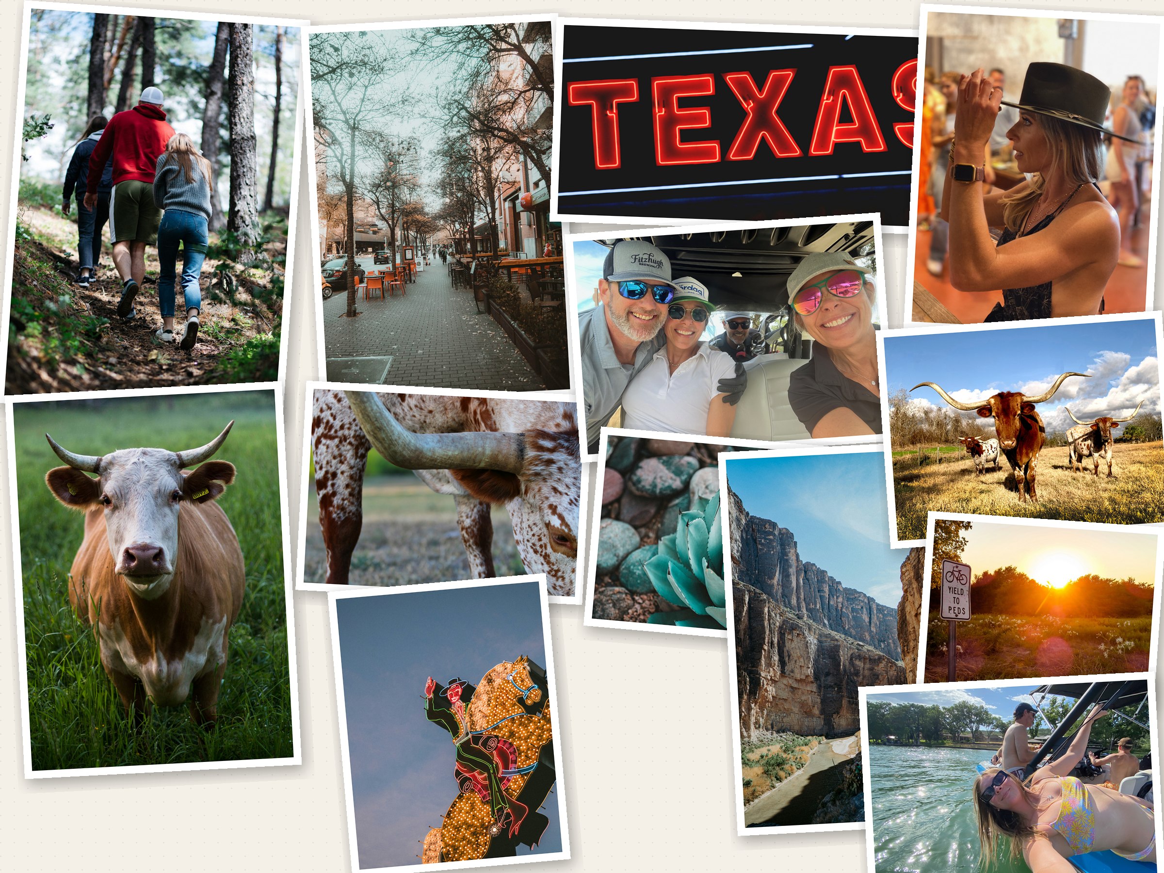 Collage of Texas Hill Country: hiking, longhorns, Austin street life, Big Bend, and neon signs.